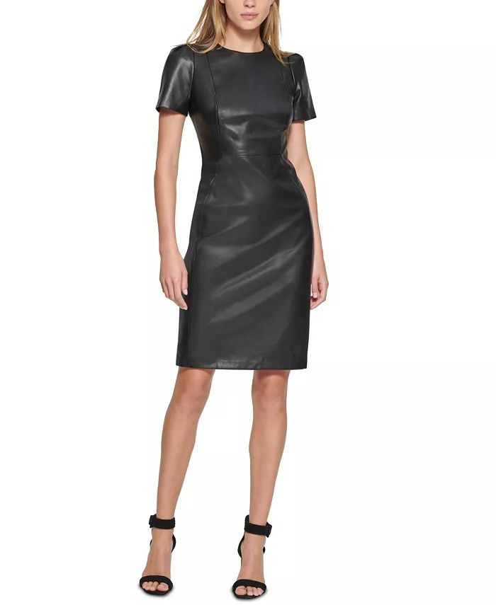 Women's Faux-Leather Short-Sleeve Dress | Macy's