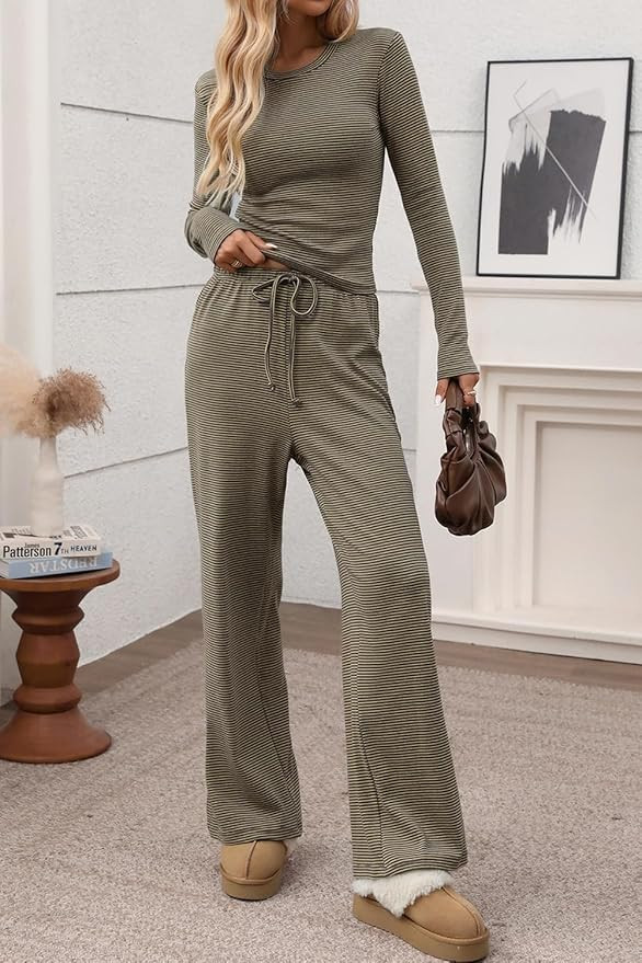 CHYRII Womens Two Piece Sets Fall Fashion Striped Long Sleeve Tops Wide Leg Palazzo Pants Outfits... | Amazon (US)