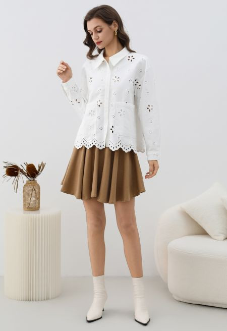 Eyelet Floral Embroidery Buttoned Cotton Shirt in White | Chicwish