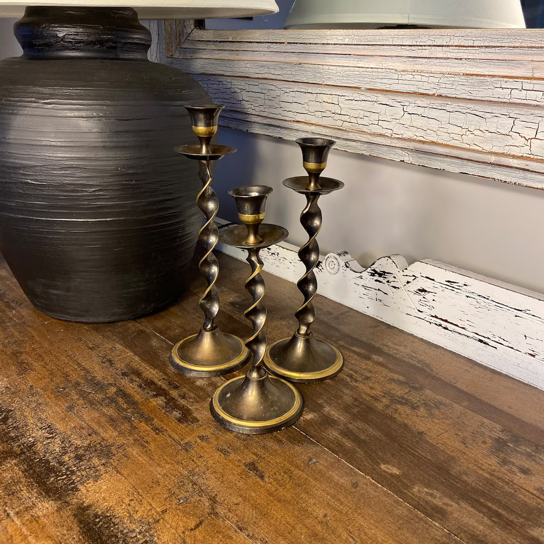 Vintage Brass Metal Three Tiered Twisted Candlestick Holders - Etsy | Etsy (US)