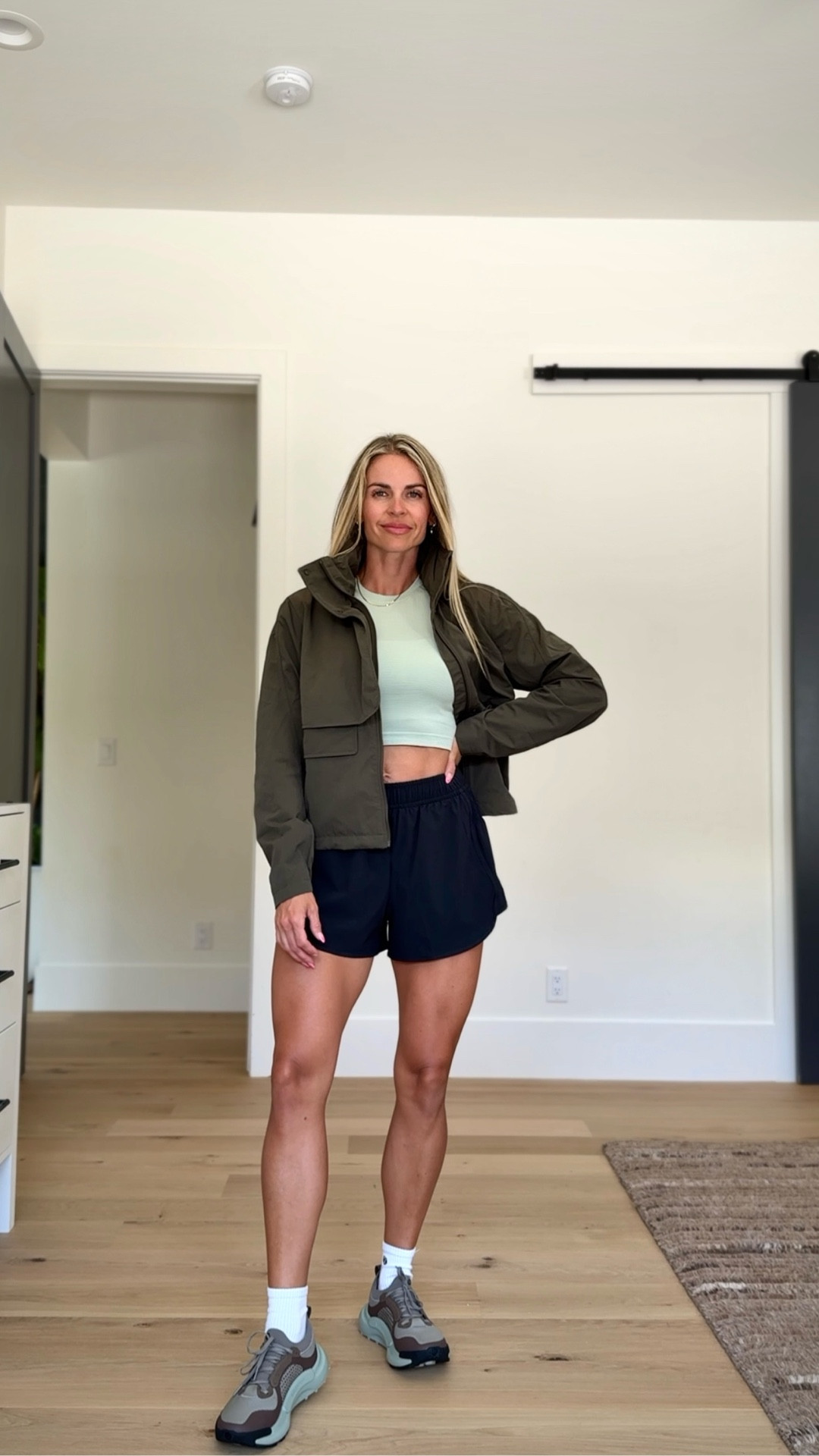 The blue twill! 

These new bra tops can both be worn two ways. They are the same buttery align material. If between sizes, size down. I immediately ordered the cross neck one in black after trying it on. 
