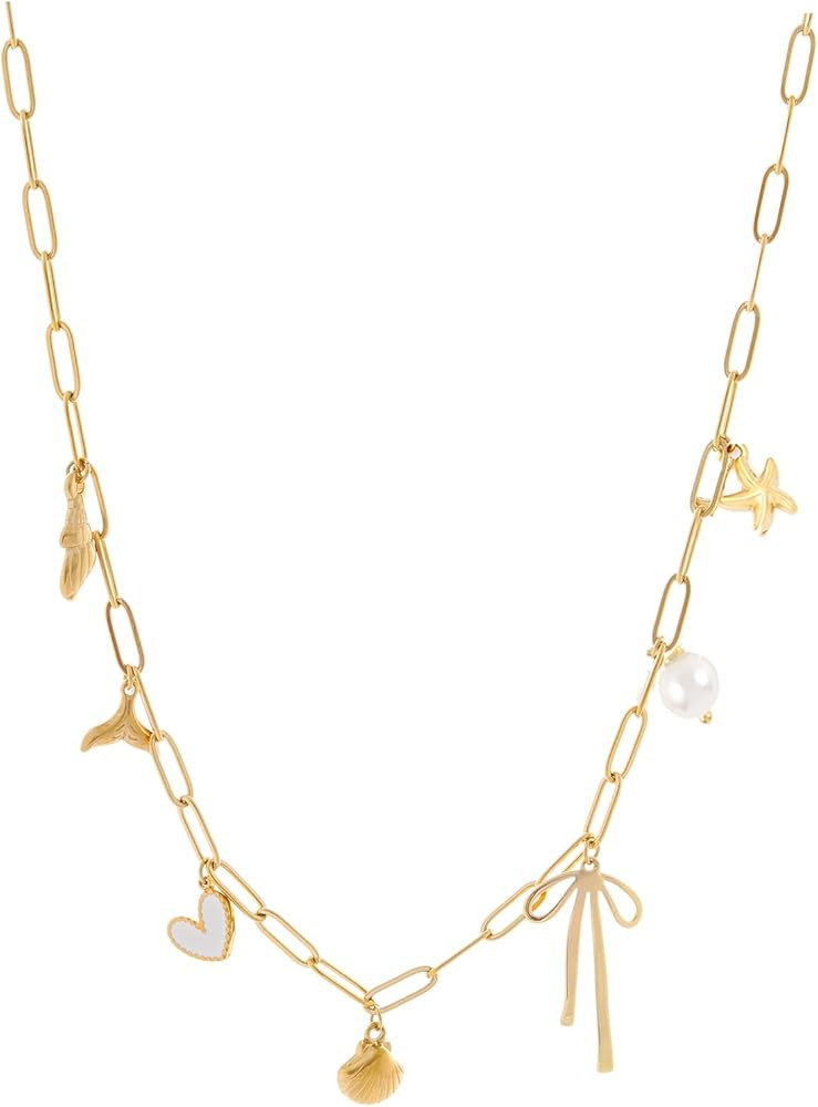 Charm Necklace for Women Shell Necklace 14K Gold Plated Starfish Pearl Heart Pendant Summer Beach... | Amazon (US)