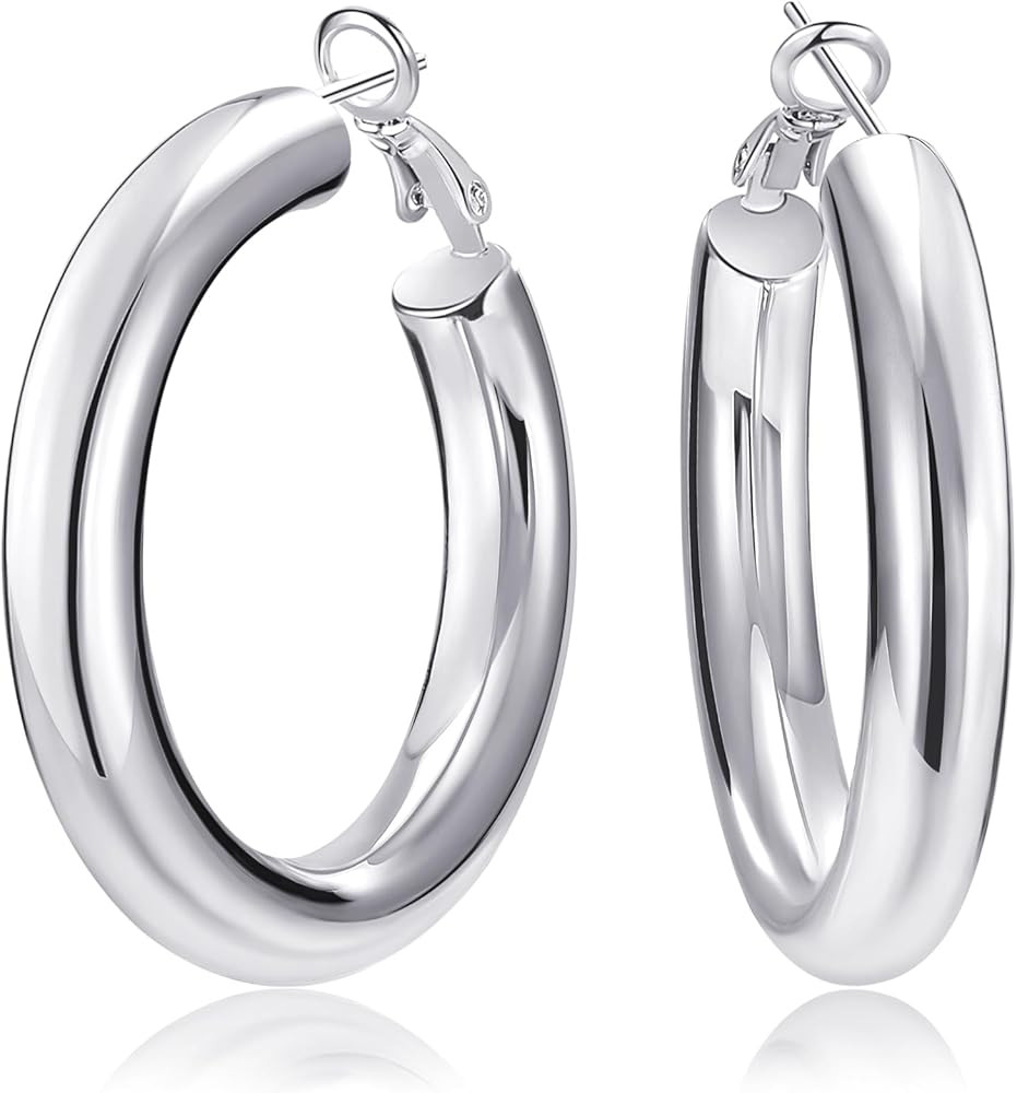 SHOWNII Chunky Gold Hoop Earrings - 14K Gold Plated Earrings for Women Hollow Tube Thick Hoops Mo... | Amazon (US)