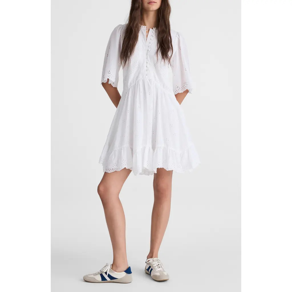 Madewell Eyelet Flutter Sleeve Cotton Minidress in White at Nordstrom, Size 4 | Nordstrom