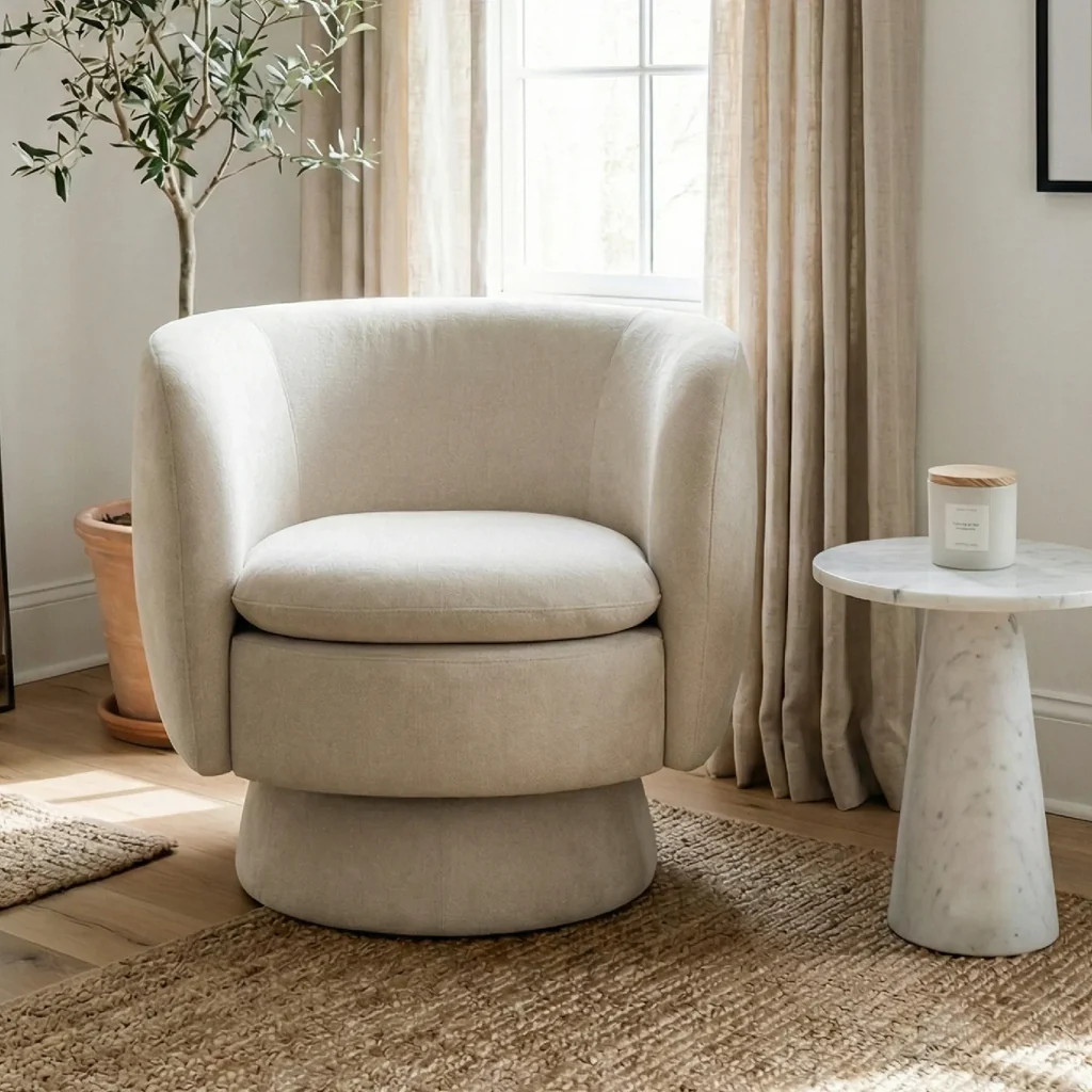 Bloom Upholstered Swivel Barrel Accent Chair (1-Piece) | Pop Maison