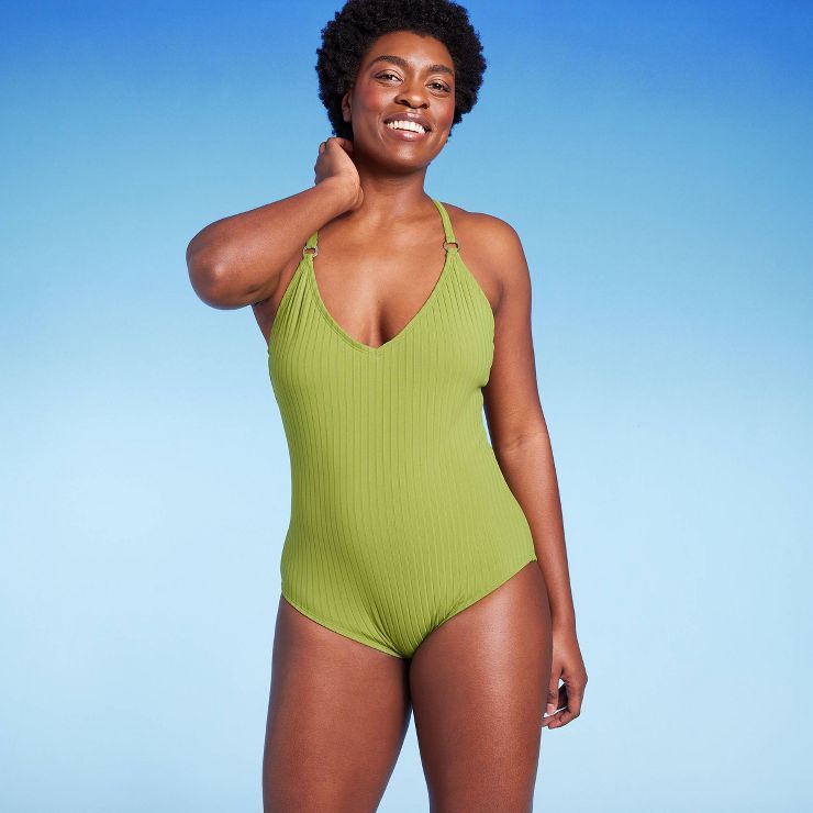 Women's Wide Ribbed Ring Medium Coverage One Piece Swimsuit - Kona Sol™ Green | Target