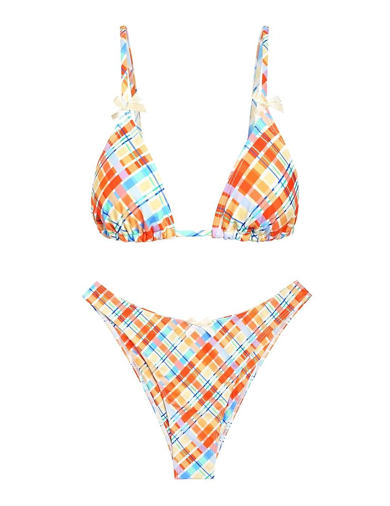 seamoly Women's Bikini Sets Tie Back Bowknot Two Piece Swimsuits Triangle Thong Bathing Suit Ging... | Amazon (US)