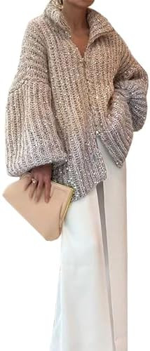 Womens Oversized Sequin Sweater Fashion Stand Collar Lantern Sleeve Zip Up Cardigan Sweaters | Amazon (US)