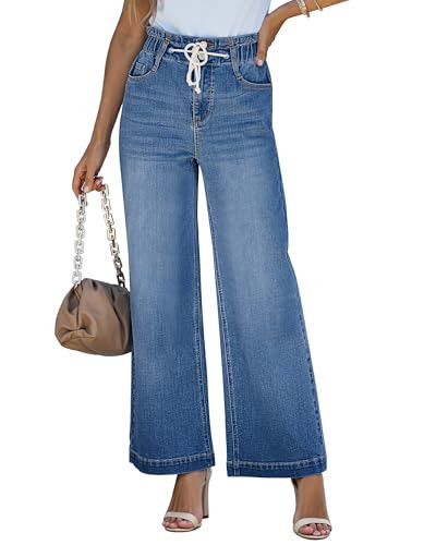 LookbookStore Wide Leg Denim Pants - High Rise Jeans, Trendy Distressed, Classic Blue, Size 12-14 | Amazon (US)