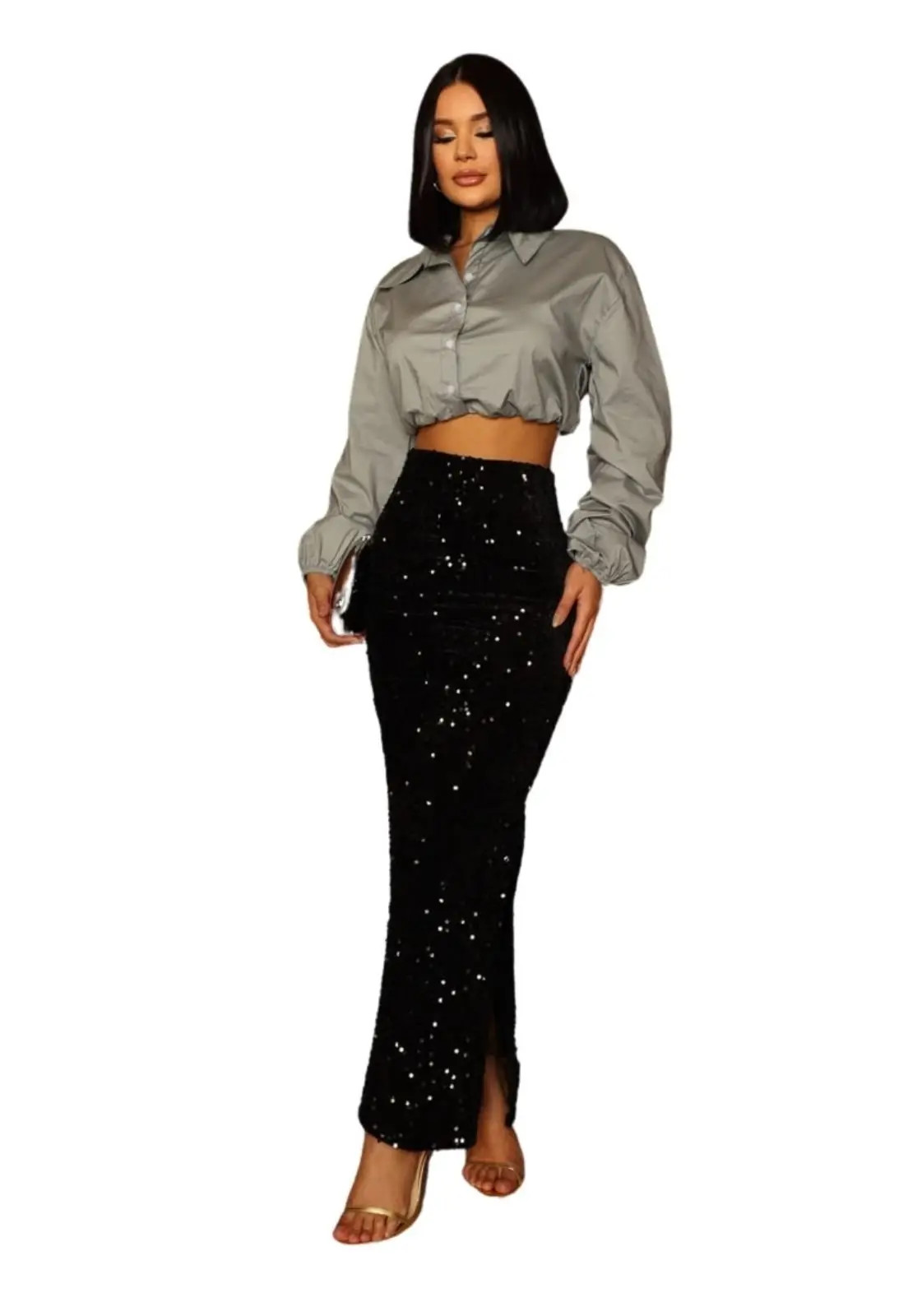 Saia Midi Sereia Tubinho Veludo Paetê Nathália  Preto | Dafiti (BR)