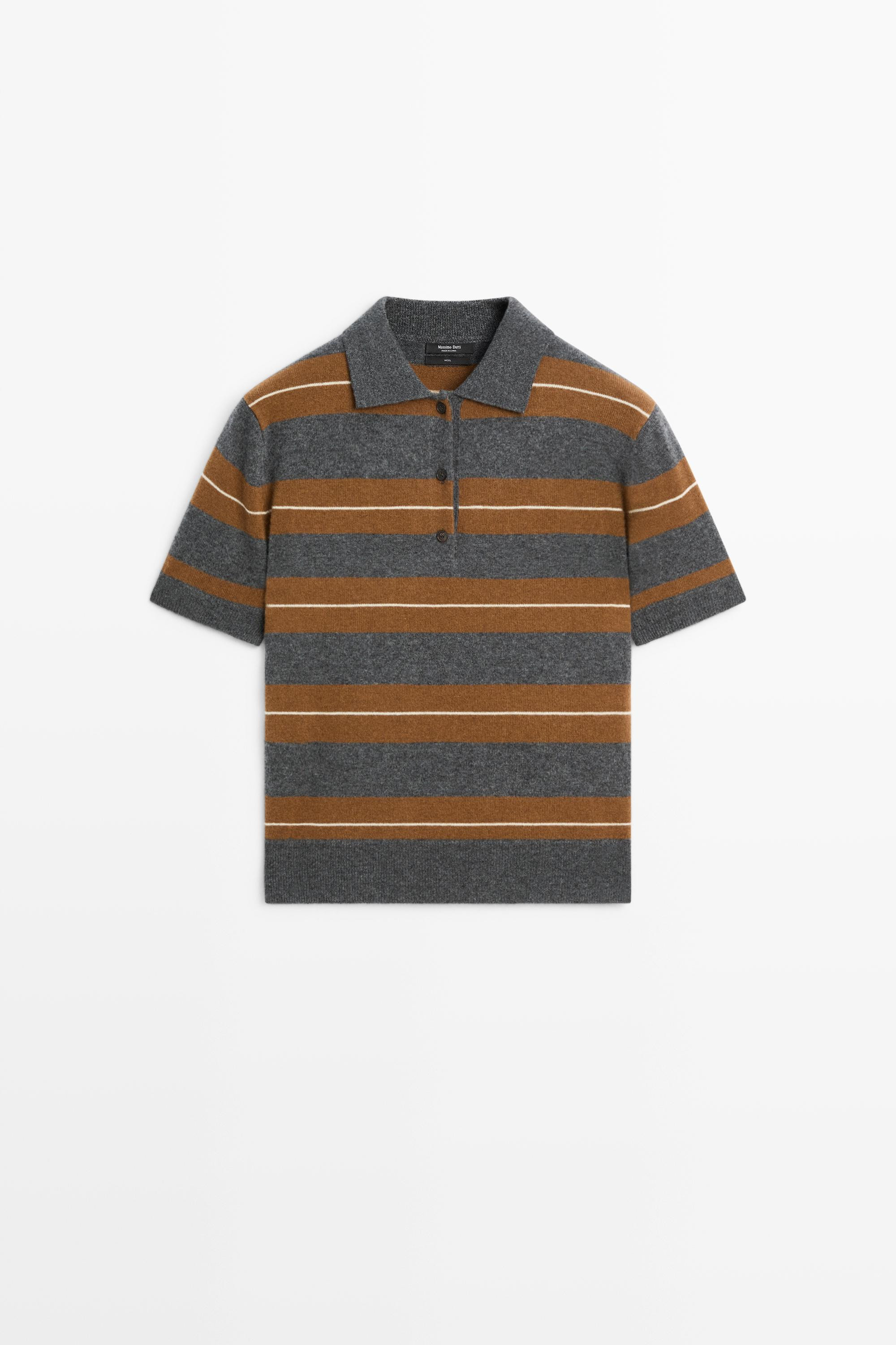 Striped wool short sleeve knit polo - MEDIUM GREY | Massimo Dutti UK