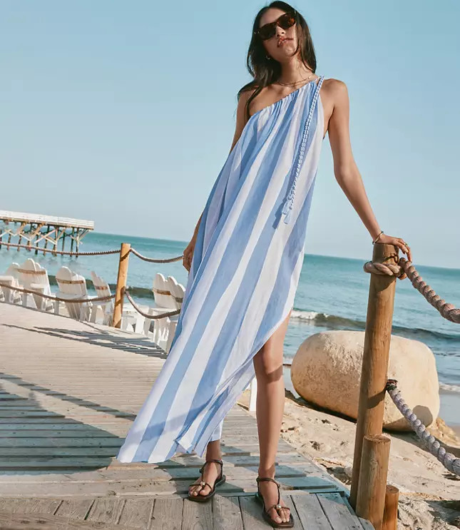 LOFT Beach Striped One Shoulder Swimsuit Coverup | LOFT