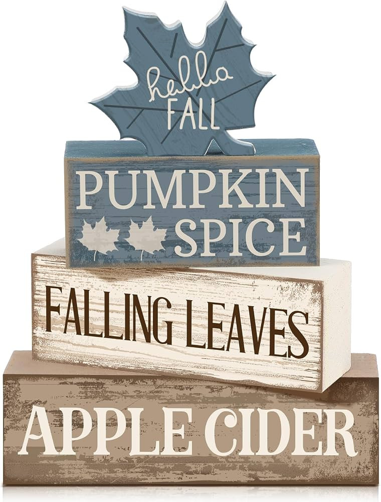 Moucuny 4 Pcs Fall Table Decoration Rustic Blue Maple Leaf Wooden Blocks | Amazon (US)