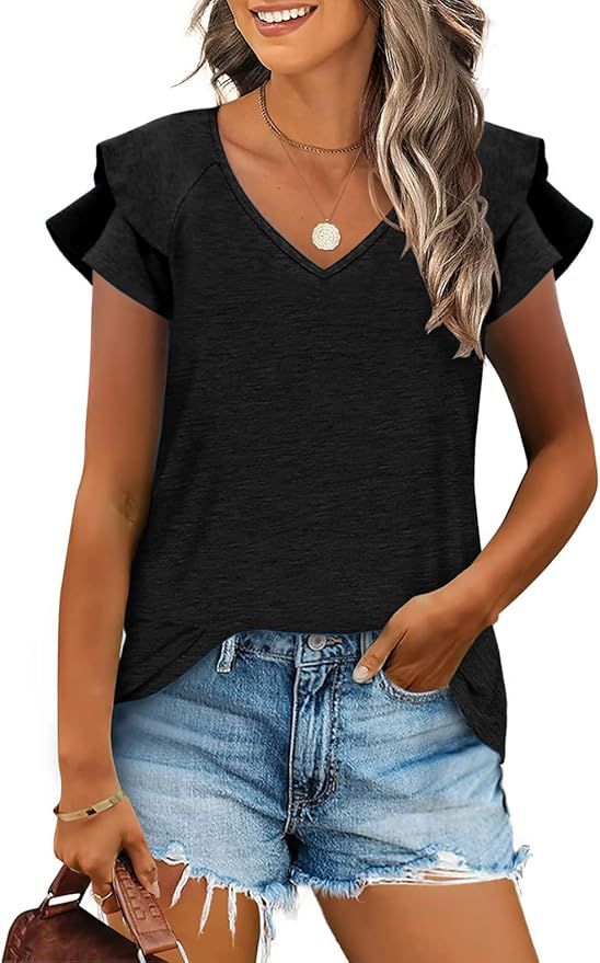 Micticsi Womens Tops Summer V Neck Ruffle Sleeve Casual T Shirts for Women | Amazon (US)