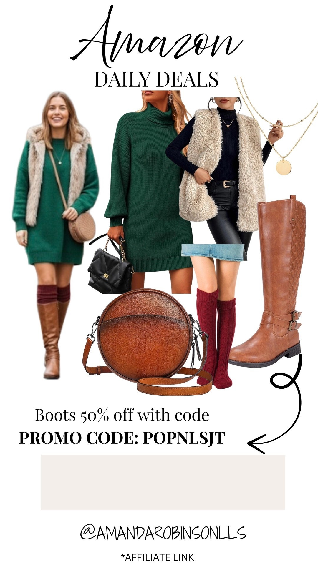 Amazon daily deals
Sweater dress, fur vest and boots outfit 

#LTKSaleAlert #LTKFindsUnder50 #LTKStyleTip
