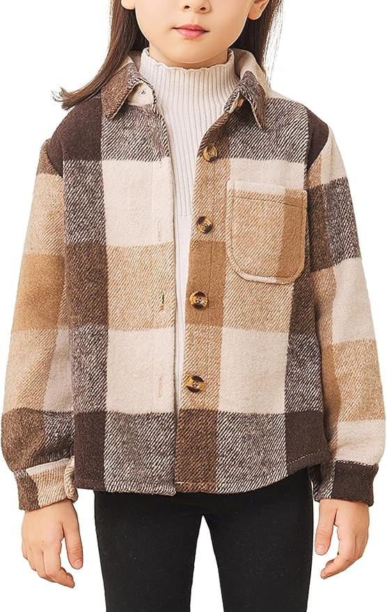 Girls Flannel Shirts Fall Jacket Cute Button Down Plaid Shirt Long Sleeve Fleece Shacket with Poc... | Amazon (US)