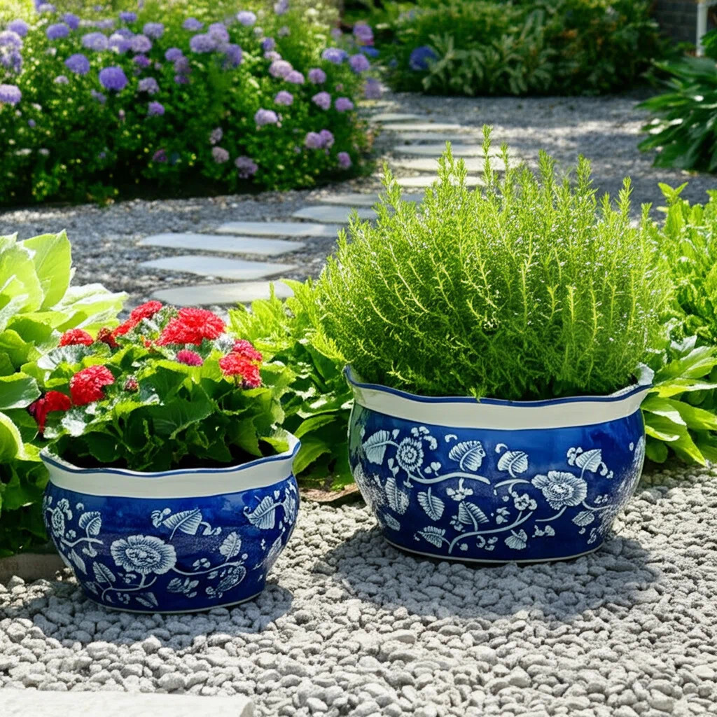 Stoneware Ceramic Planters Set Of 2 With Scalloped Edges And Hand-Detailing For Decorative Displa... | Wayfair North America