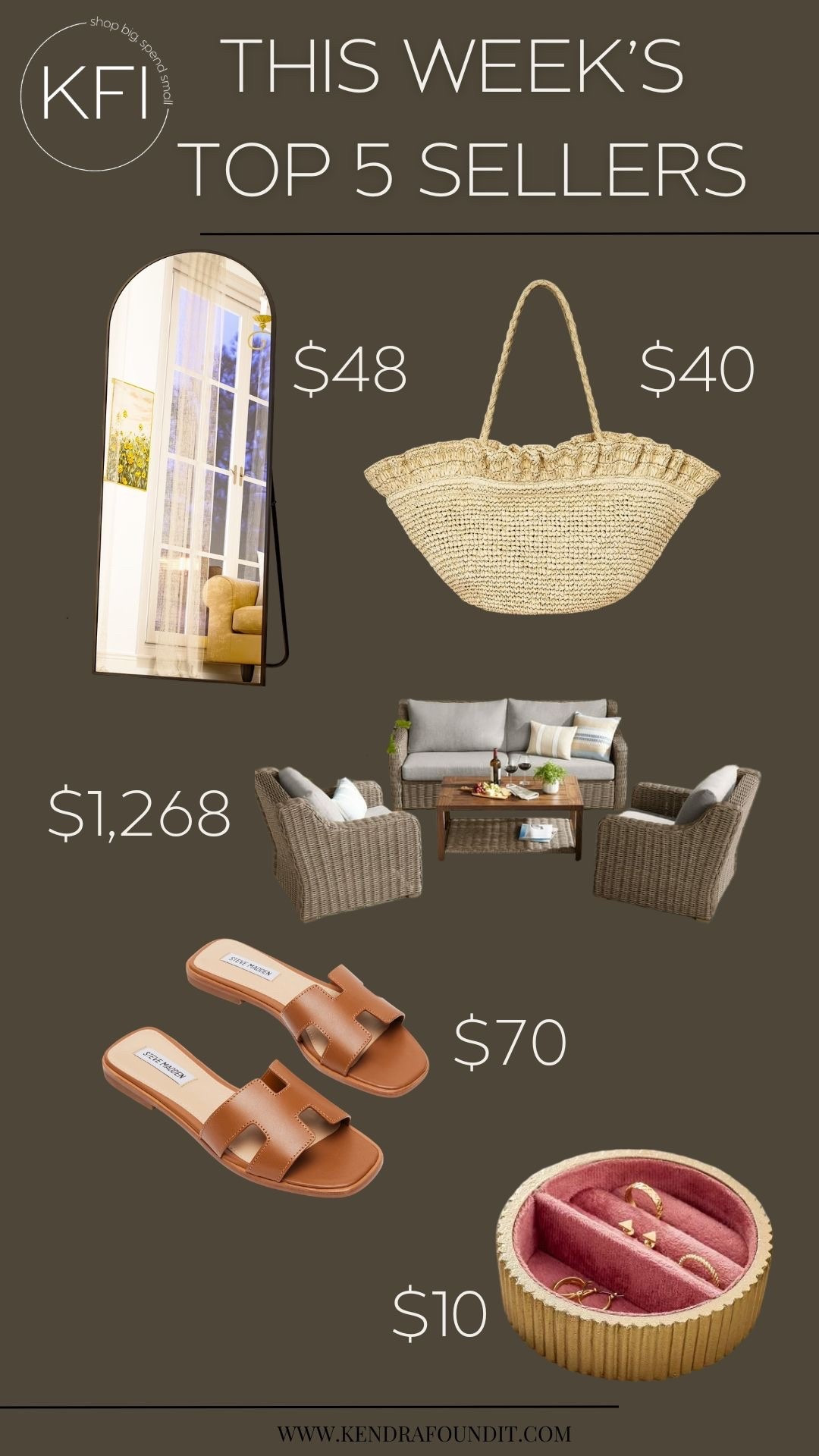This week’s top 5 sellers are such a good mix of summer style and home finds. The arched mirror everyone’s been loving is currently marked down from $200 to just $48, and it’s such a beautiful statement piece for an entryway, bedroom, or living room. The woven beach bag that keeps selling out is only $40 and looks just like the Loeffler Randall version — the ruffle detail makes it feel so elevated for a summer tote. The patio set you’ve all been asking about is also a major favorite and a great Pottery Barn Huntington Patio Set dupe for a fraction of the price. For summer outfits, these Steve Madden Hermes Oran sandal dupes are another bestseller — they’re comfortable, chic, and look so similar to the designer pair. And the Target jewelry tray is only $10 and perfect for organizing rings and everyday pieces on a dresser or nightstand. Linked everything here.

#LTKHome #LTKSpringSale #LTKootd