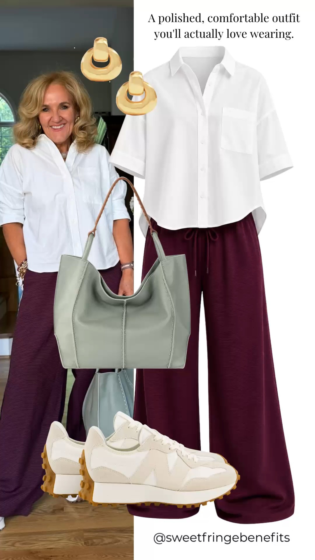 This matching set is the definition of comfortable, polished style! The flowy burgundy pants paired with a crisp white button-up create an effortless look that's perfect for travel, lunch with friends, or everyday wear.

💡 LTK MADE EASY
❤️ Heart = Support my posts!
🔖 Save = Get sale & restock alerts
📋 Lists = Keep favorites organized
📲 Share = Send lists and products to a friend. Hello, Christmas List!
💬 Comment = Ask me anything about what I'm wearing.:-)

#LTKootd #LTKdayinmylife #LTKOver40