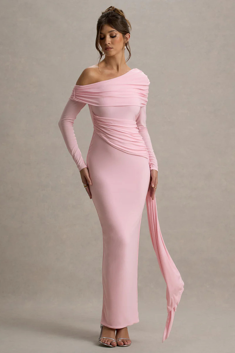 Valina | Pink Ruched Asymmetric Maxi Dress With Drape | Club L London