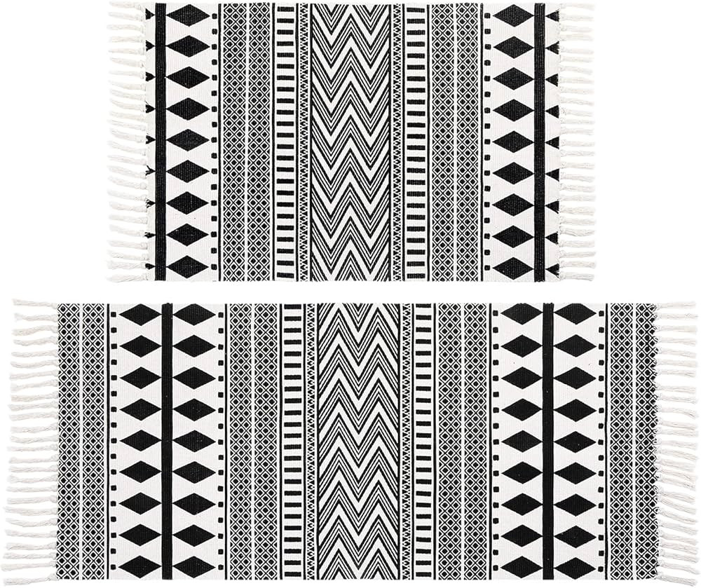 HEBE Cotton Area Rug Set 2 Piece 2'x3'+2'x4.2' Black and Cream Tribal Accent with Tassels Boho Ru... | Amazon (US)