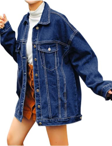 Gozoloma Women's Casual Loose Oversized Denim Jacket Long Sleeved Button Jean Jacket Coat Tops(0011-DarkBlue-XXL) | Amazon (US)