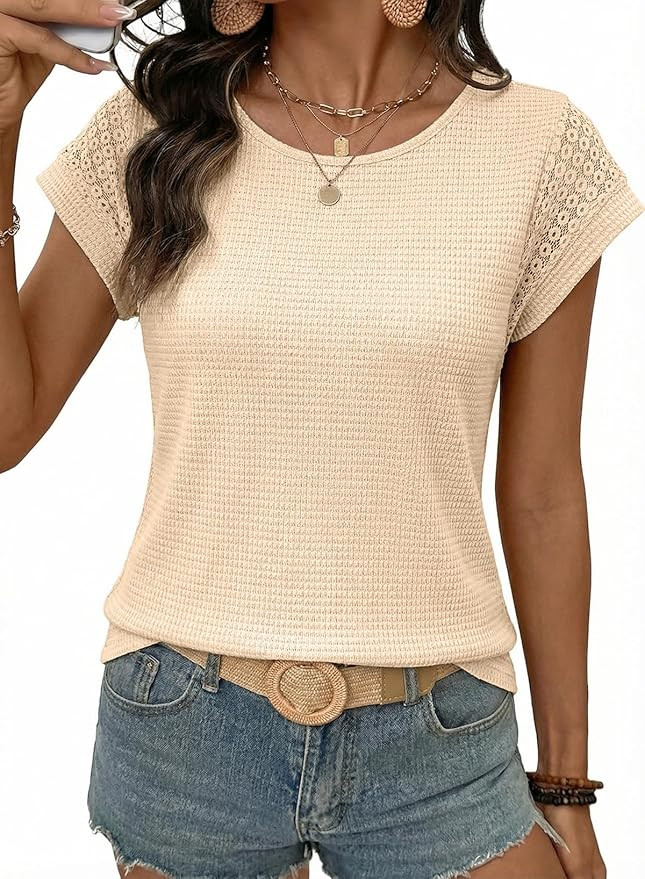 Dokotoo Womens Summer Tops 2026 Waffle Knit Lace Hollow Out Short Sleeve T-Shirts Crewneck Casual... | Amazon (US)