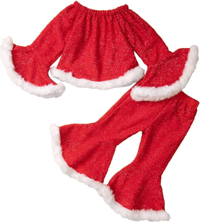 Toddler Kids Girls Santa Claus Costume, Long Sleeve Velvet Top Flare Pants Xmas Hat Birthday Christm | Amazon (US)