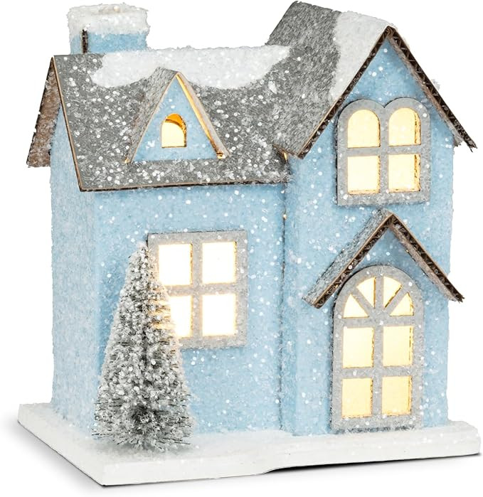 Abbott Collection Snowy Blue Glitter House with LED Lights, Small (3.5x4.5 W) | Amazon (US)