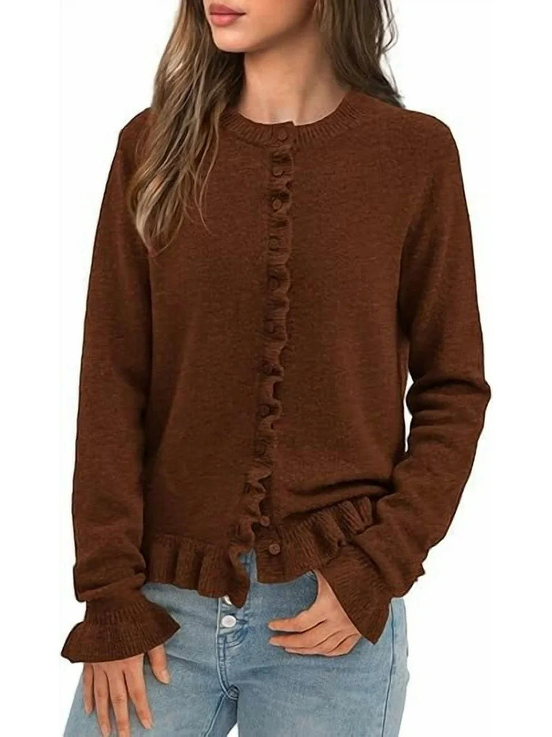 PRETTYGARDEN Womens Fall Button Down Cardigans Chunky Knit Ruffle Open Front Cropped Cardigan Swe... | Walmart (US)