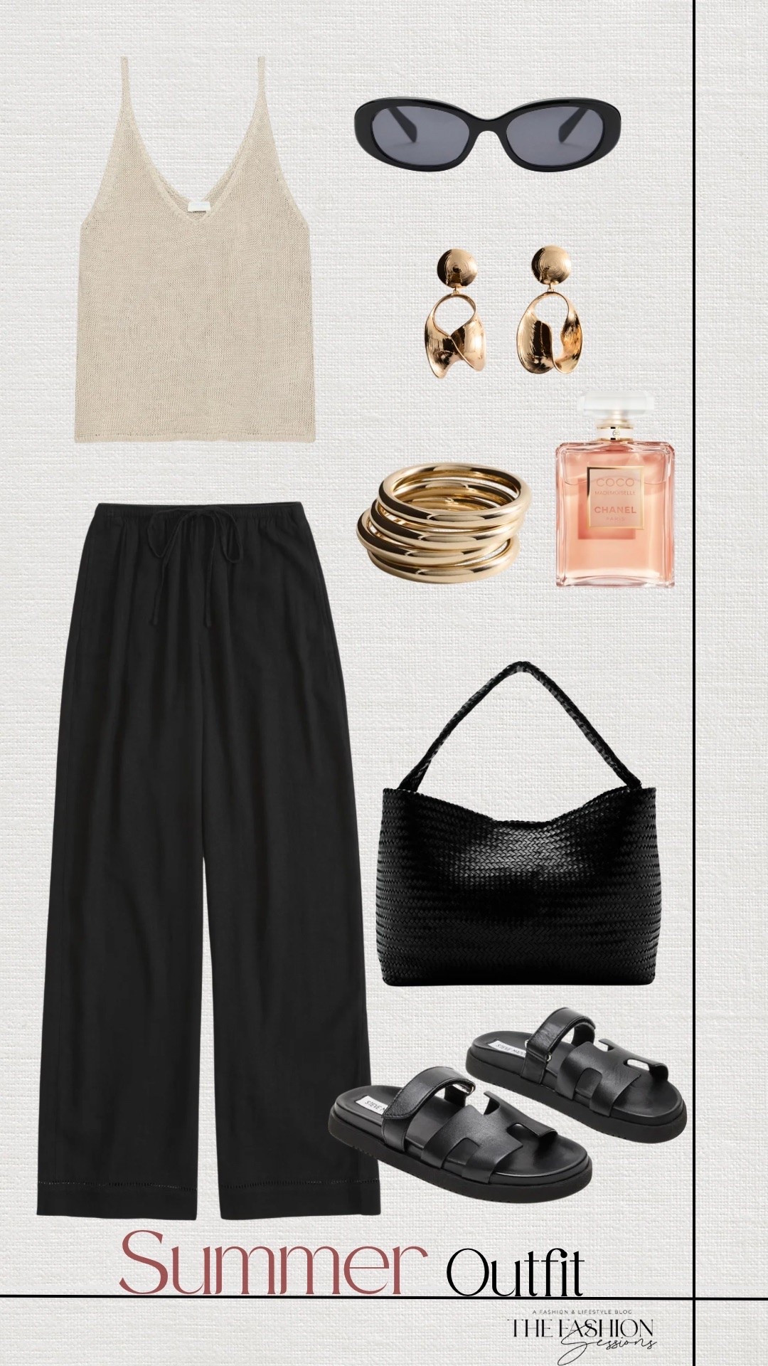 Summer Outfit | Knitted Top | Black Linen Pants | Black Sandals | Woven Bag |  Chanel Perfume |