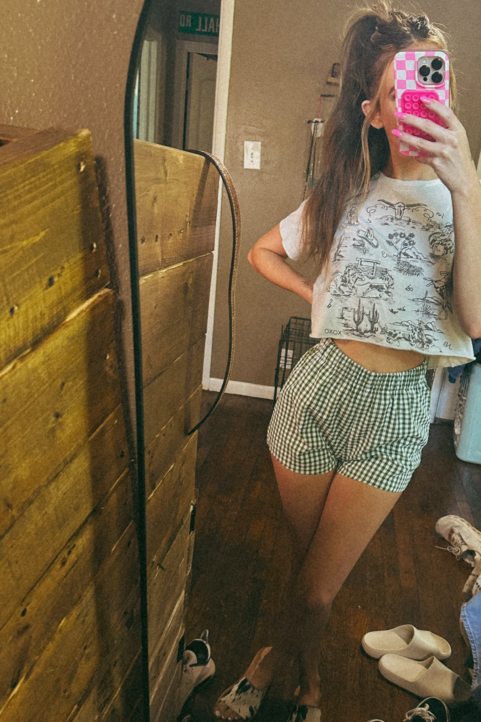 Obsessed with these boxer shorts! Top is old from Western Vogue and cowhide sandals are Western Vogue!