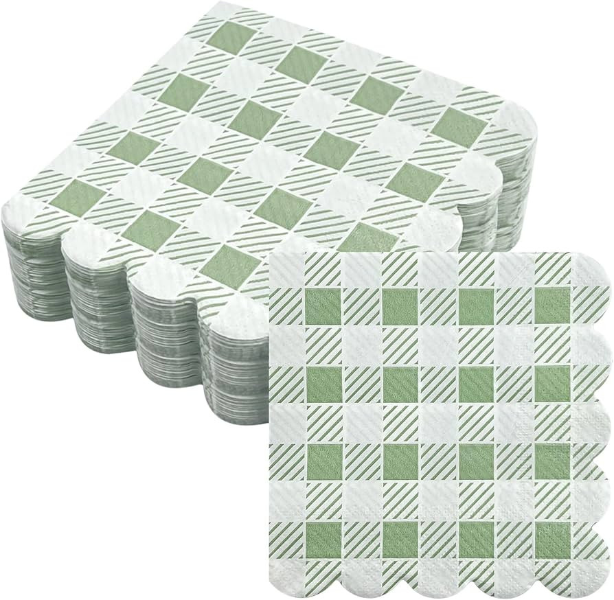 100Pcs Sage Green Plaid Scalloped Napkins, Disposable Paper Scalloped Napkins, Vintage Gingham Pl... | Amazon (US)