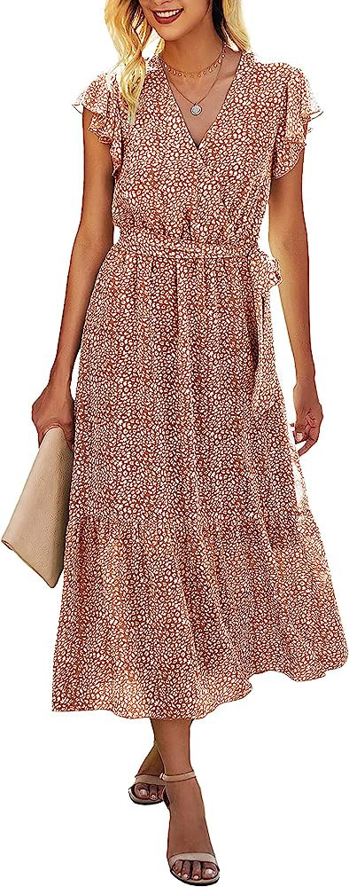BTFBM Women Summer Bohemian Floral Casual Wrap V Neck Ruffle Cap Sleeveless Belt A-Line Pleated H... | Amazon (US)