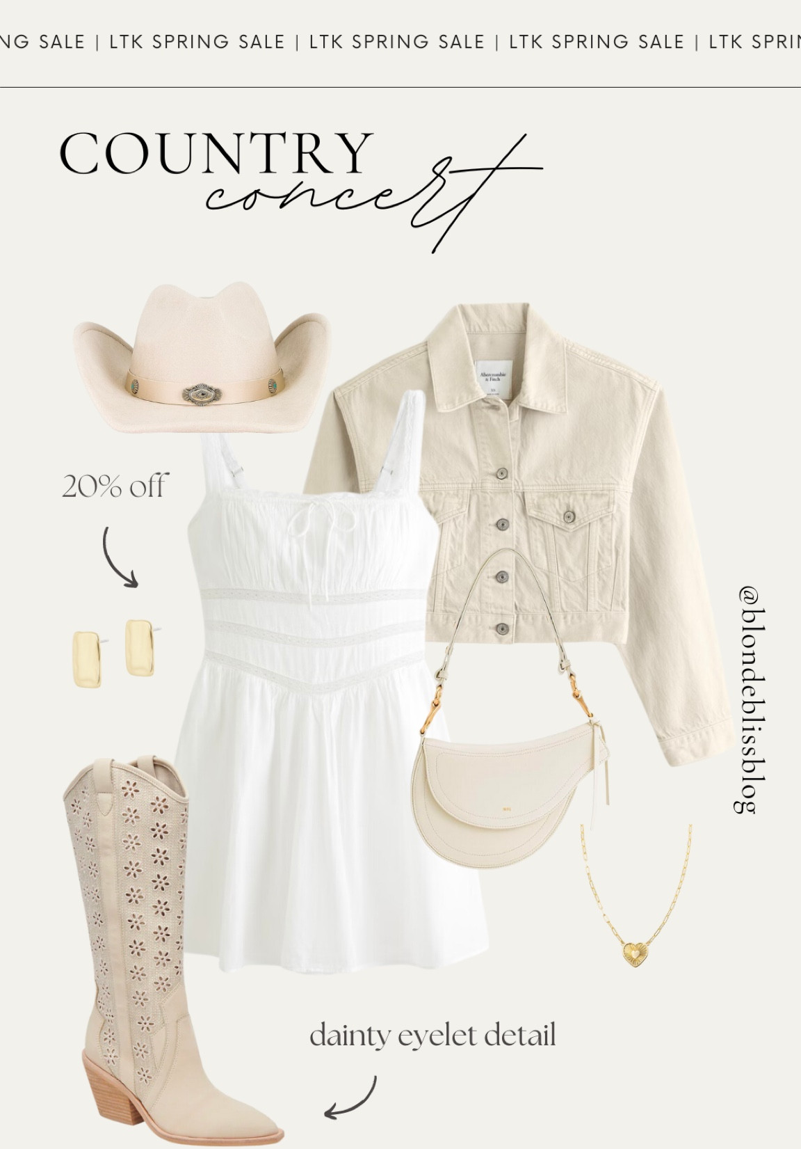 Summer country concert outfit idea 🤠🎶 Pair this darling white romper with a cream denim jacket, girly eyelet cowgirl boots and western accessories for the perfect concert outfit. 

#LTKfindsunder100 #LTKsalealert #LTKSpringSale