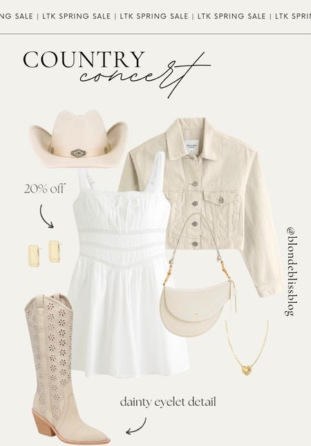 Summer country concert outfit idea 🤠🎶 Pair this darling white romper with a cream denim jacket, girly eyelet cowgirl boots and western accessories for the perfect concert outfit. 

#LTKfindsunder100 #LTKsalealert #LTKSpringSale