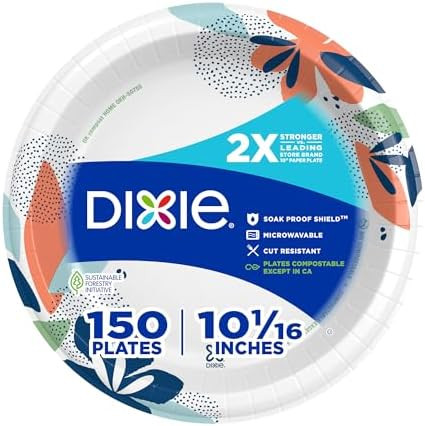 Dixie Large Paper Plates, 10 Inch, 150 Count, 2X Stronger*, Microwave-Safe, Soak-Proof, Cut Resis... | Amazon (US)