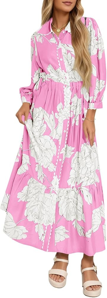 Wenrine Womens Maxi Shirt Dress Casual Floral Collared 3/4 Long Sleeve Drawstring Waist Fall Butt... | Amazon (US)