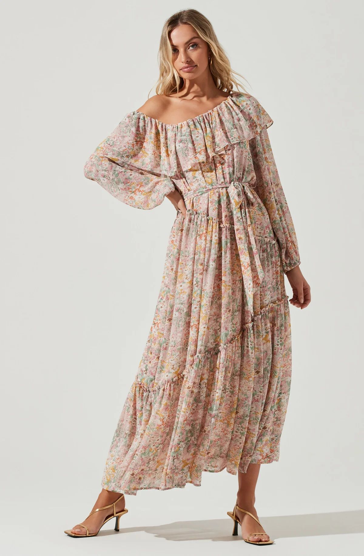 Kaylani Off Shoulder Ruffle Floral Maxi Dress | ASTR The Label (US)
