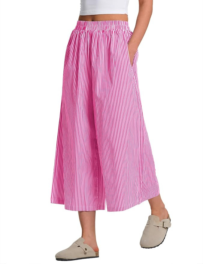 LOMON Womens Wide Leg Capri Pants Gingham Plaid Culottes Summer Elastic Waist Palazzo Trousers Bo... | Amazon (US)