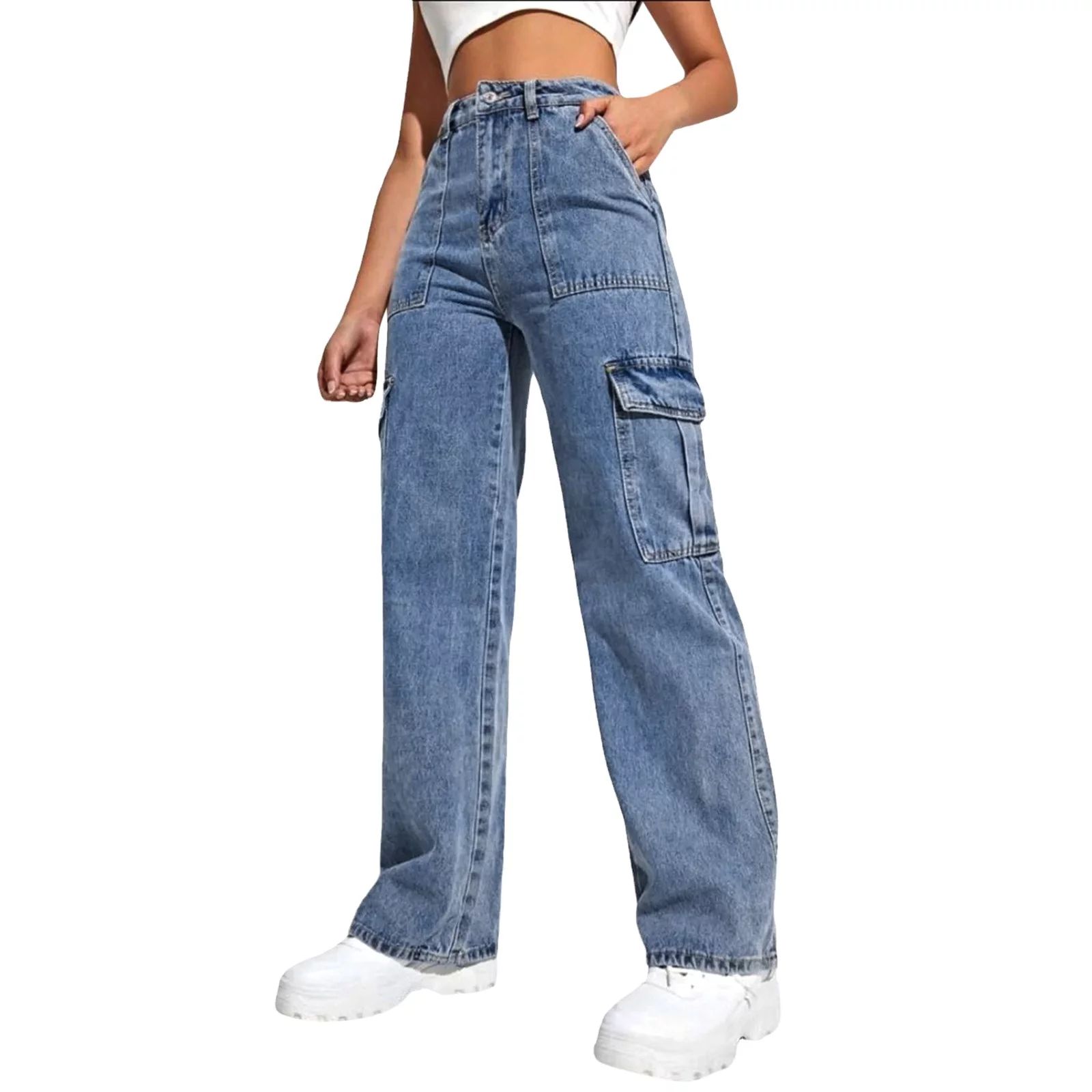 GWAABD Denim Jeans for Women with Big Pockets Baggy Cargo Jeans Trousers Casual High Waist Straig... | Walmart (US)
