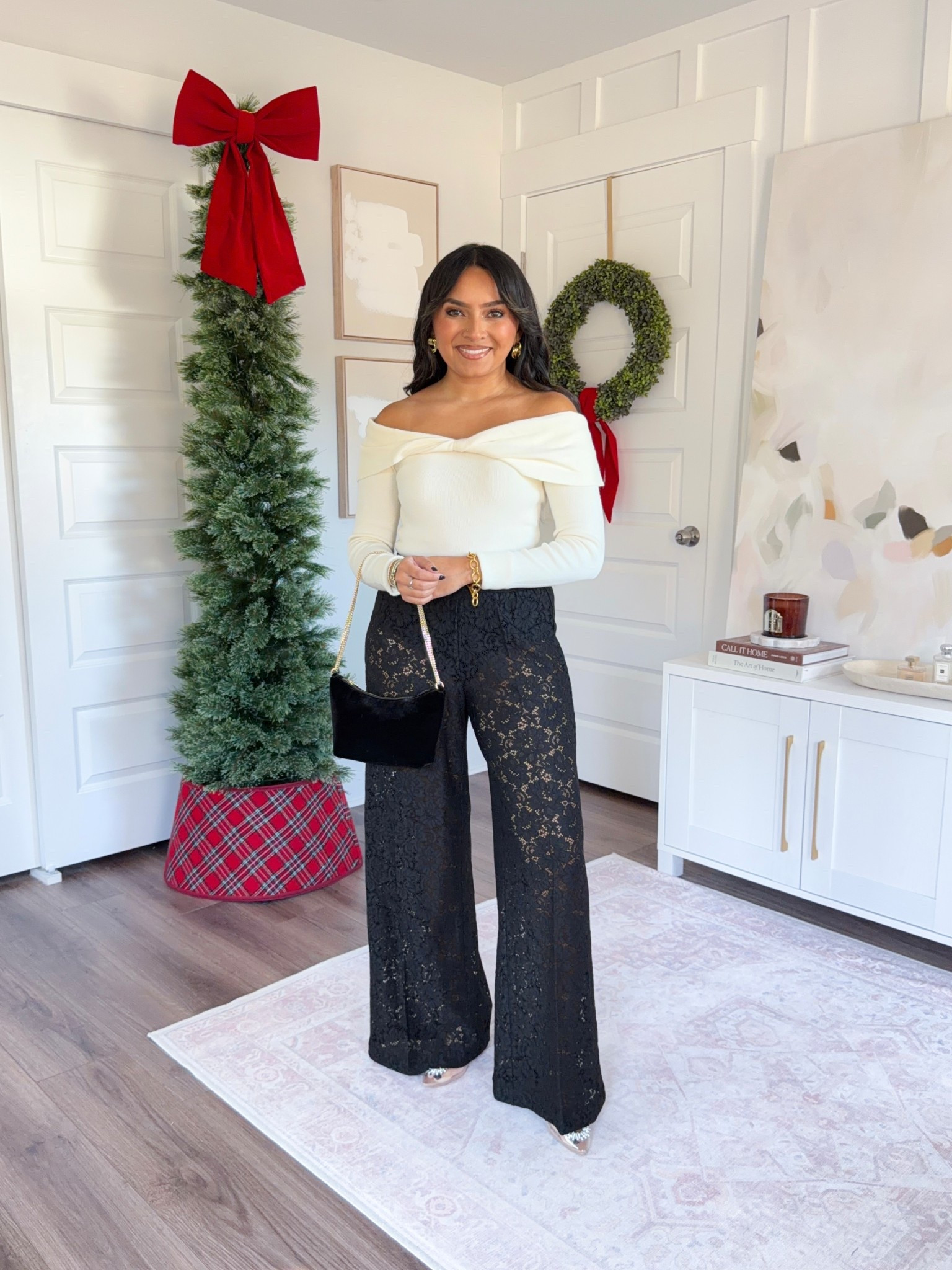 White twist off the shoulder sweater size xs regular tTS
Pull on elastic waistband wide leg lace pants size xs regular - does come in petite but I want a full length pant! 

#LTKHoliday #LTKStyleTip #LTKGiftGuide