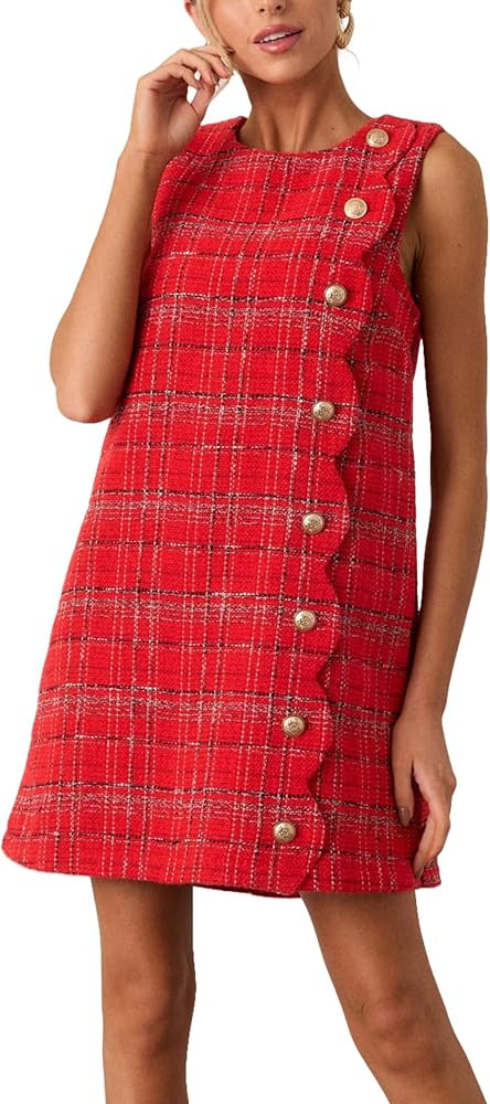 Plaid Sleeveless Tweed Mini Dress Womens Round Neck Petal Jackie Dress Elegant Party Cocktail Dre... | Amazon (US)