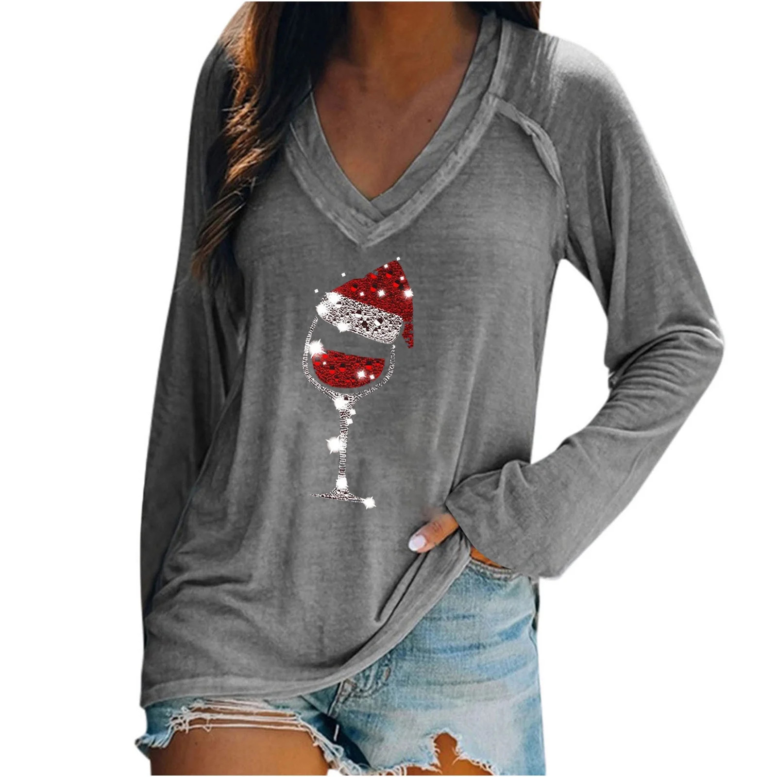 Women's Christmas Outfit Fall V Neck Shirt Long Sleeve Loose Tunic Casual Pullover Fashion Blouse... | Walmart (US)
