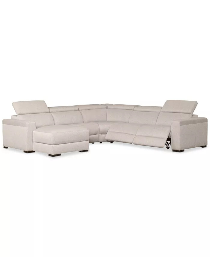 Nevio 5-Pc. Fabric Sectional Sofa with Chaise, 2 Power Recliners and Articulating Headrests, Crea... | Macys (US)