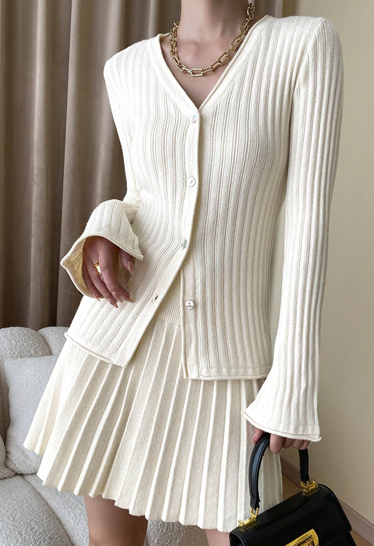 Flare Cuffs Button Knit Top and Mini Skirt in Cream | Chicwish