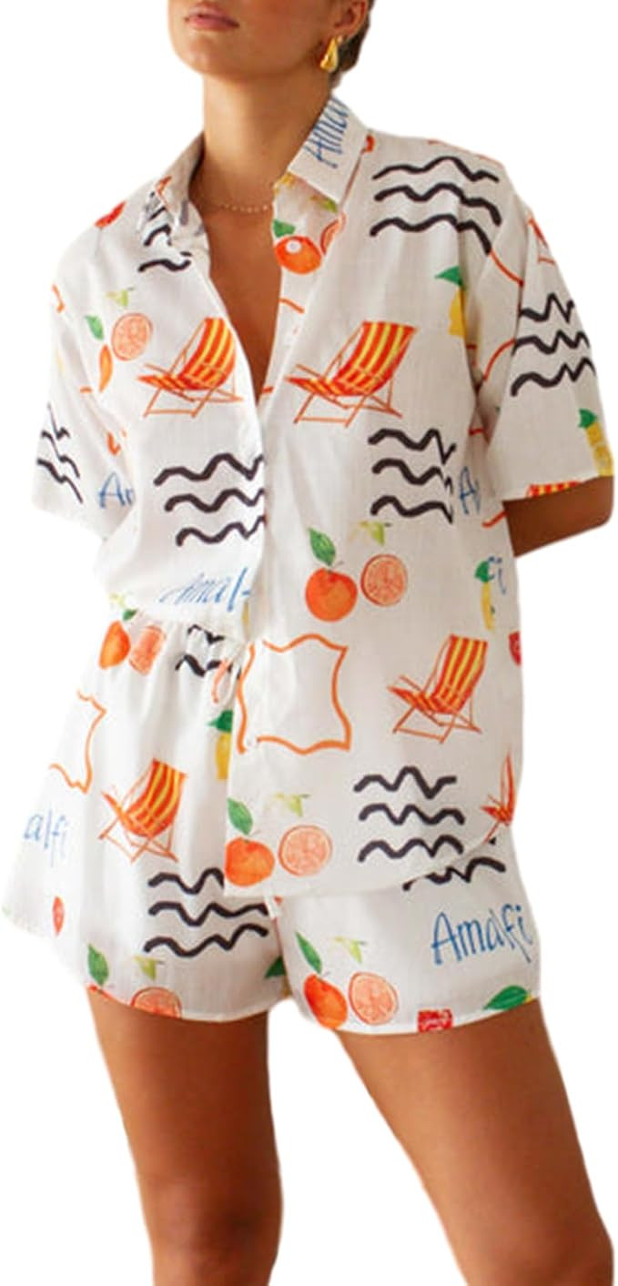 Women Summer 2 Piece Beach Outfits Printed Short Sleeve Button Down Shirt Shorts Lounge Set Casua... | Amazon (US)