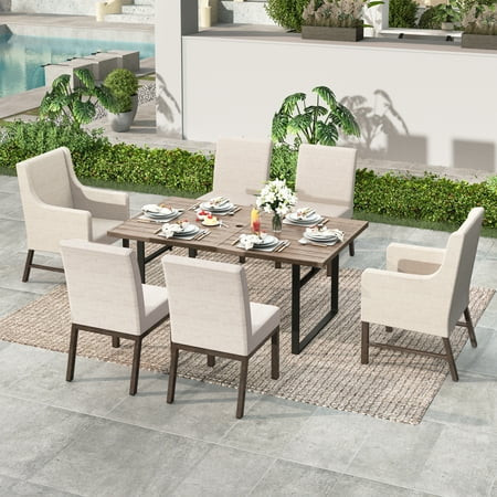 MF Studio 7-Piece Outdoor Patio Dining Set with 4.7" Cushioned Chairs and Table with Umbrella Hole for Garden, Beige & Brown | Walmart (US)