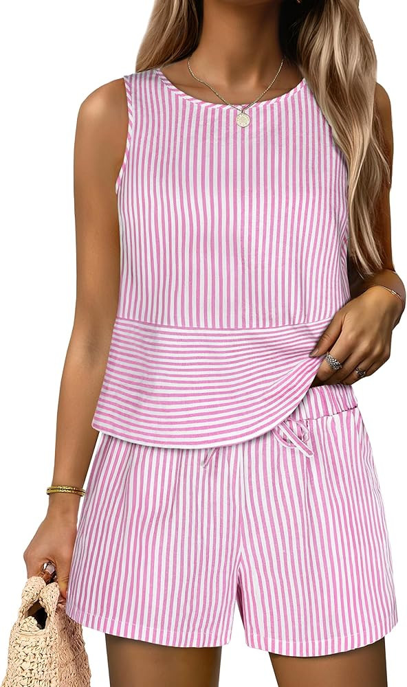 ANRABESS Womens 2 Piece Outfits Striped Summer Casual Sleeveless Tank Top Matching Shorts Lounge ... | Amazon (US)