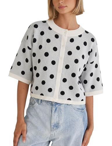 Daacee Women's Cropped Polka Dot Cardigan Casual Short Sleeve Sweater Top(White-L) | Amazon (US)